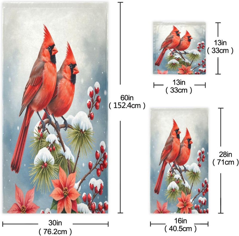 Dussdil Christmas Flowers Winter Cardinals Bathroom Towel Set of 3 Pcs Poinsettia Hand Fingertip Towels 1 Bath Towel 1 Hand Towel 1 Washcloth for Home Bathroom Beach Swim Soft Highly Absorbent Decor - Image 2